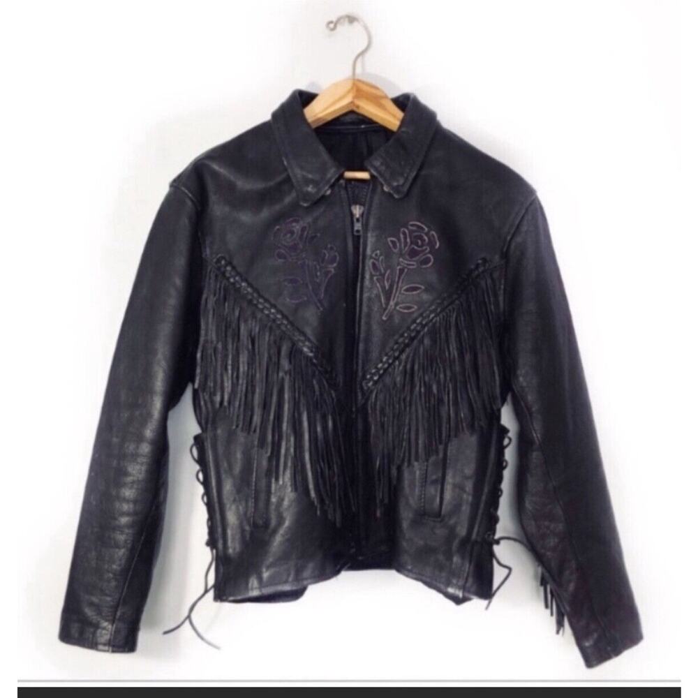 Vintage Black Leather Fringe Motorcycle Jacket with Embroidery Large - Picture 3 of 12
